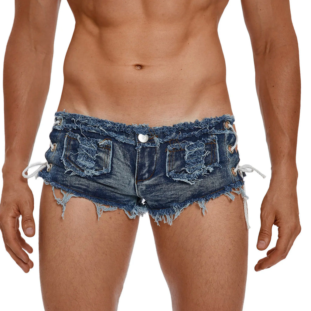Men's Low Rise Extra Short Hot Pants Raw Edge Ripped Denim Shorts with Sides Lace-up Booty Jeans Shorts for Rave Party Clubwear