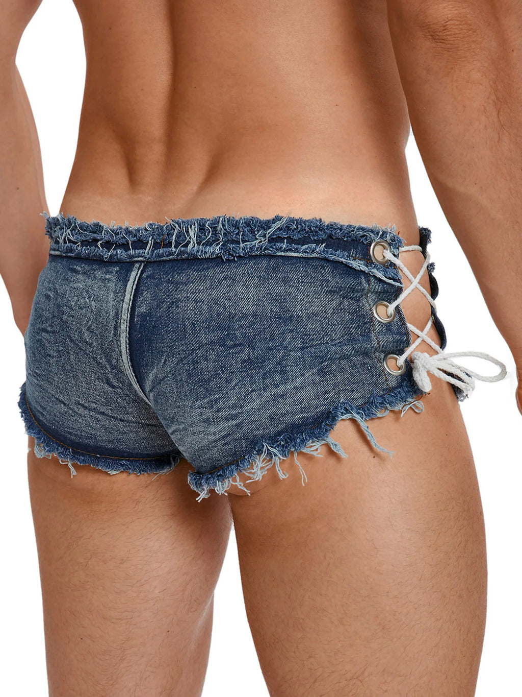 Men's Low Rise Extra Short Hot Pants Raw Edge Ripped Denim Shorts with Sides Lace-up Booty Jeans Shorts for Rave Party Clubwear