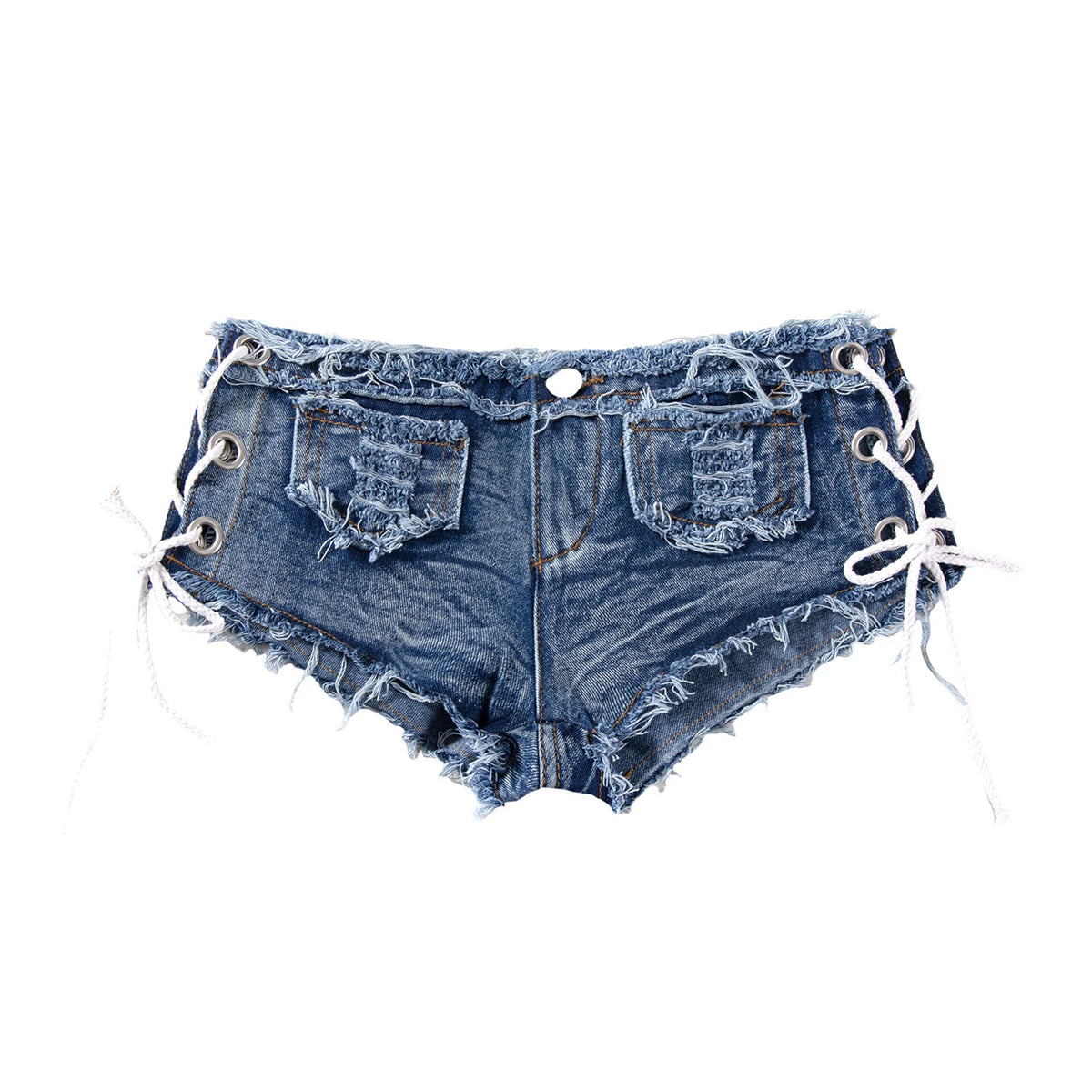 Men's Low Rise Extra Short Hot Pants Raw Edge Ripped Denim Shorts with Sides Lace-up Booty Jeans Shorts for Rave Party Clubwear