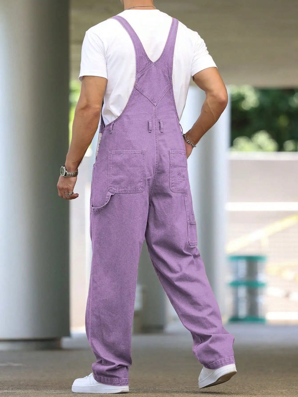 Men's Four - Season Purple Loose Denim Overalls, Daily Casual Street Trend Suspender Pants