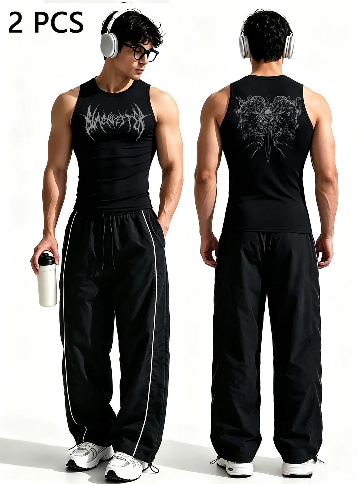 Ensemble 2 Pièces Homme Style Gothique – Tank Top Graphique & Pantalon Rayé Streetwear
