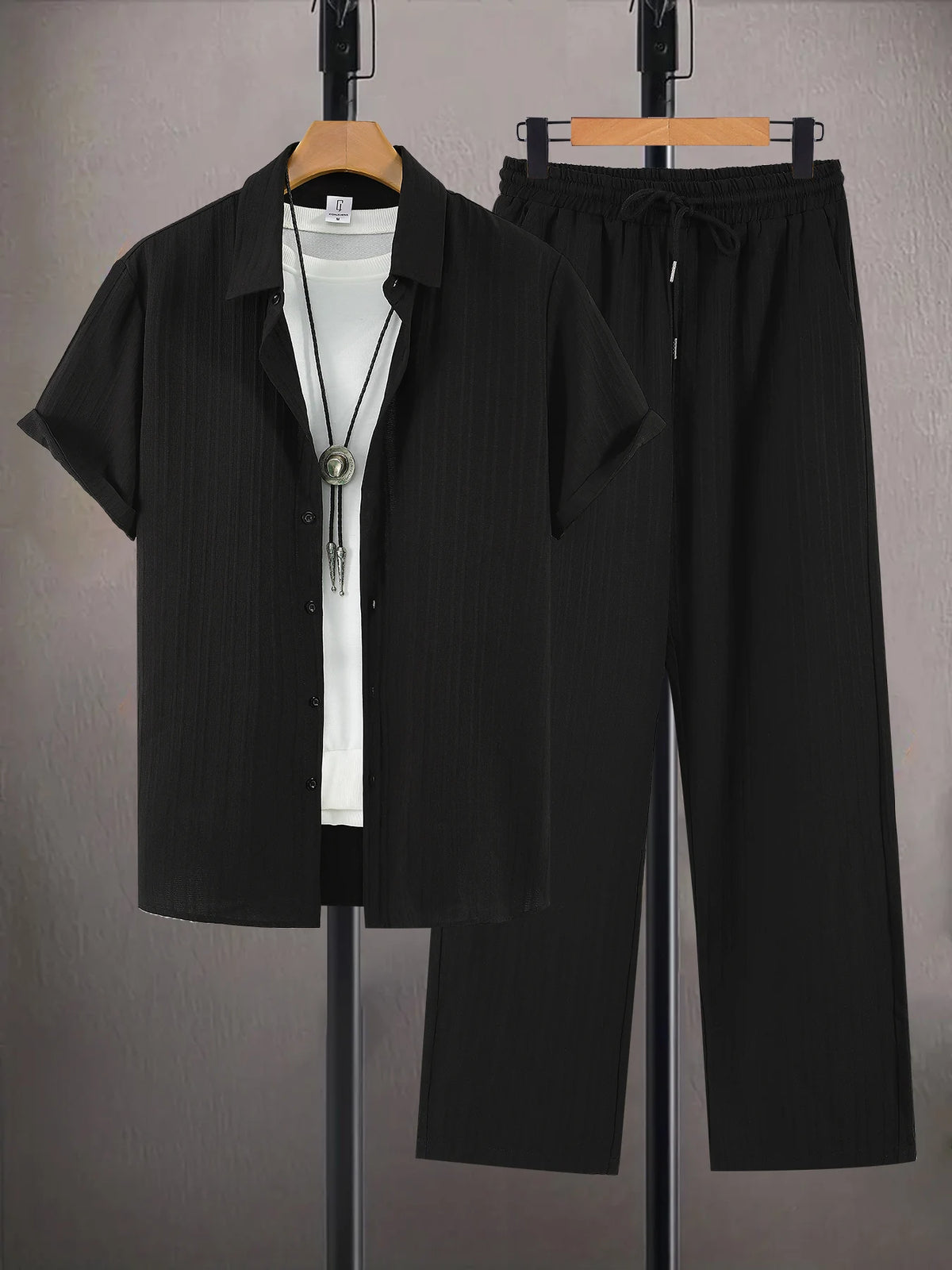Men's French Stripe Wrinkle-Resistant Ice Silk Set Summer Textured Shirt & Pants Outfit