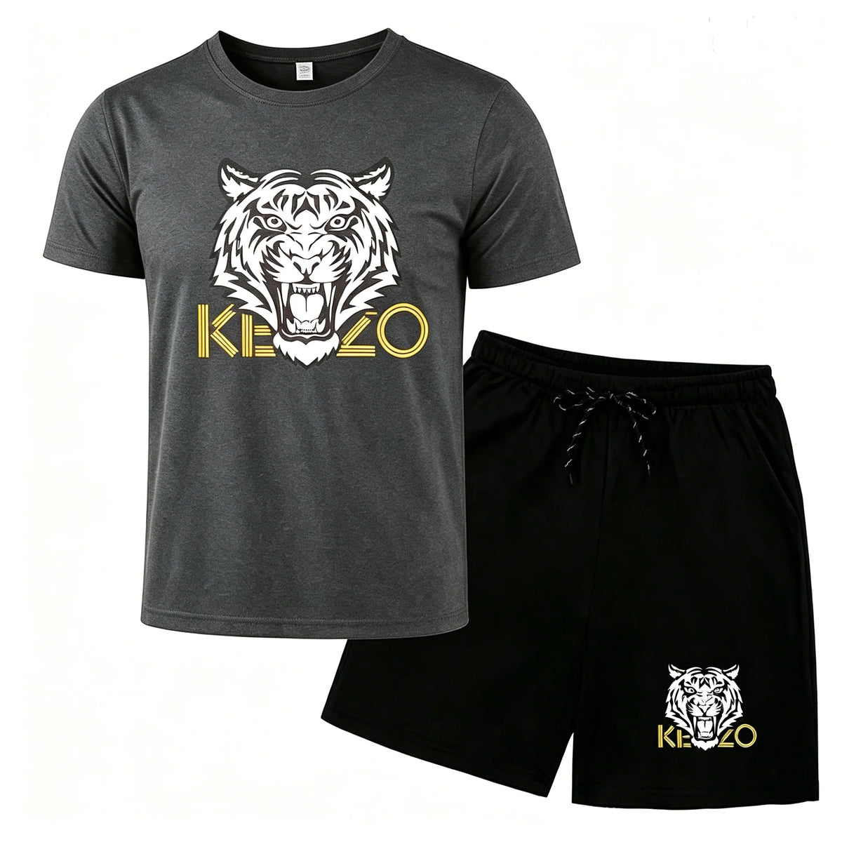 Men Mesh Breathable Tiger Print T Shirt And Shorts Set Quick Dry Sportswear Two Piece Tracksuit For Summer