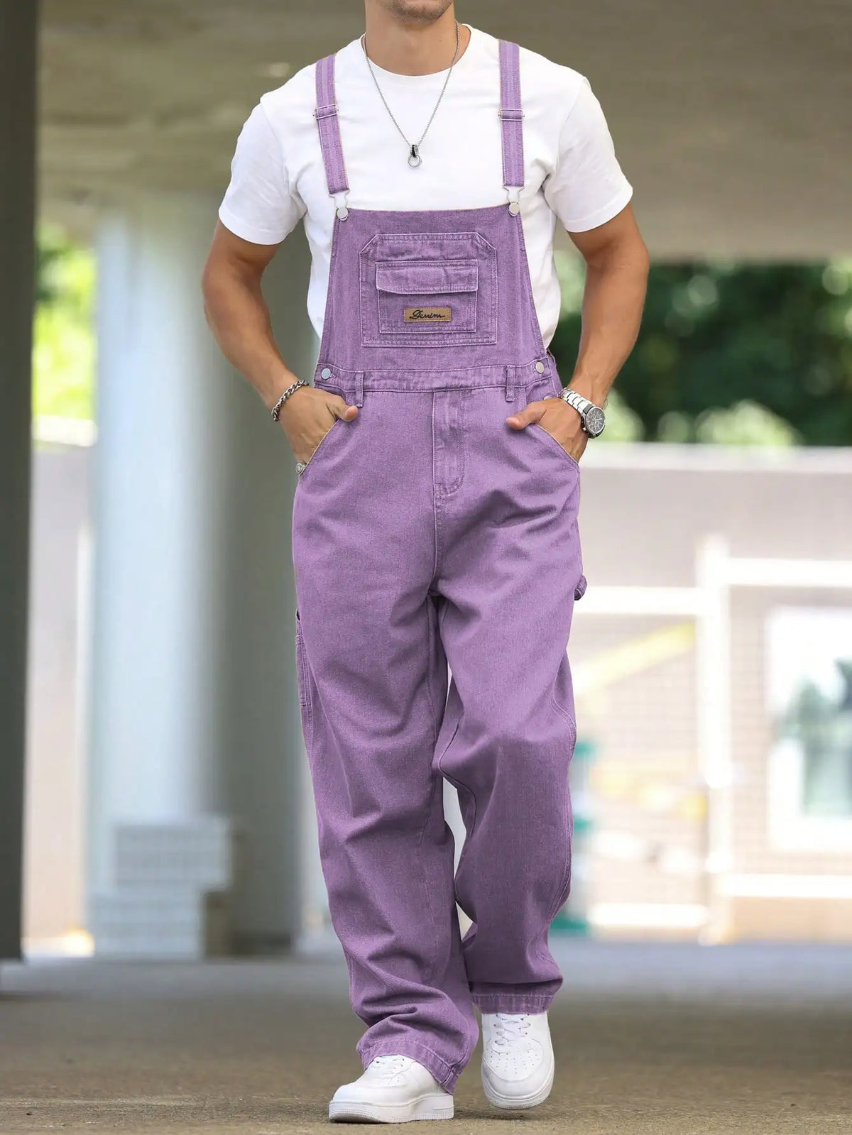 Men's Four - Season Purple Loose Denim Overalls, Daily Casual Street Trend Suspender Pants
