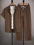 Men's French Stripe Wrinkle-Resistant Ice Silk Set Summer Textured Shirt & Pants Outfit