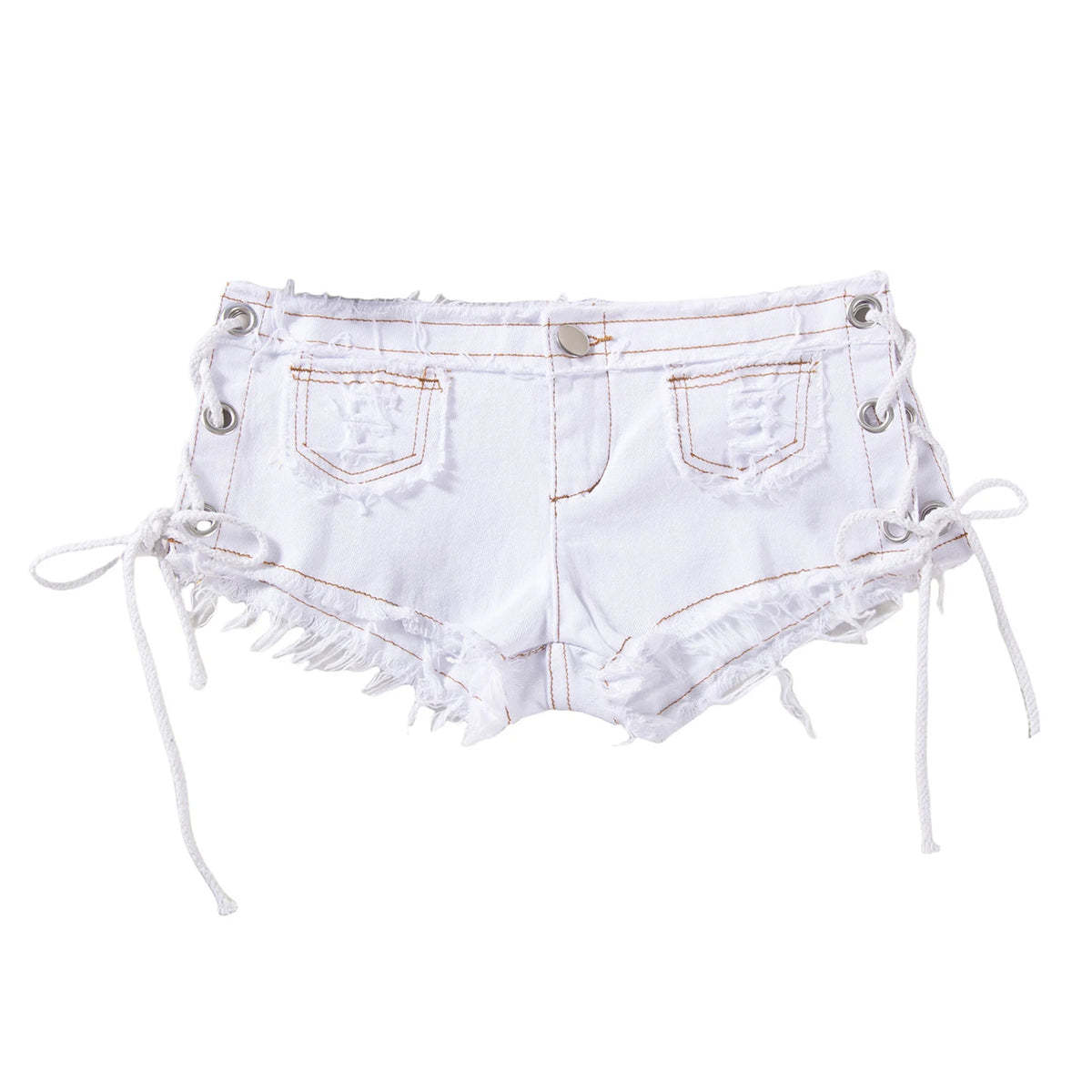 Men's Low Rise Extra Short Hot Pants Raw Edge Ripped Denim Shorts with Sides Lace-up Booty Jeans Shorts for Rave Party Clubwear