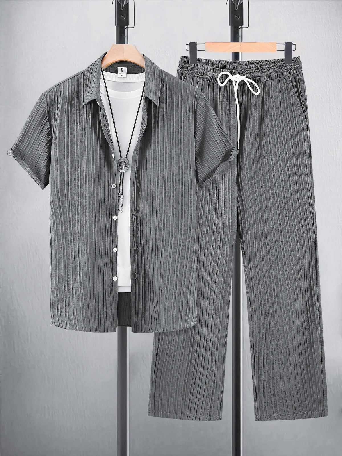 Men's French Stripe Wrinkle-Resistant Ice Silk Set Summer Textured Shirt & Pants Outfit