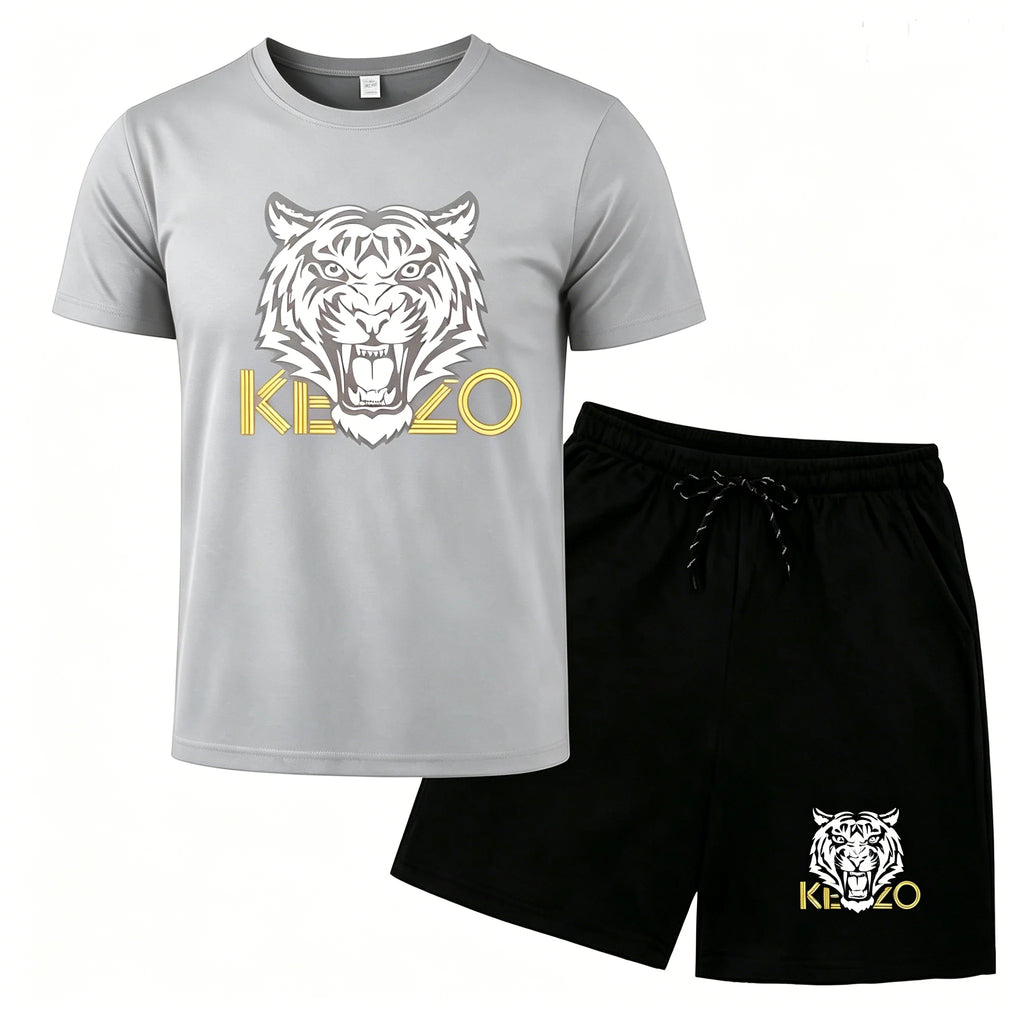 Men Mesh Breathable Tiger Print T Shirt And Shorts Set Quick Dry Sportswear Two Piece Tracksuit For Summer