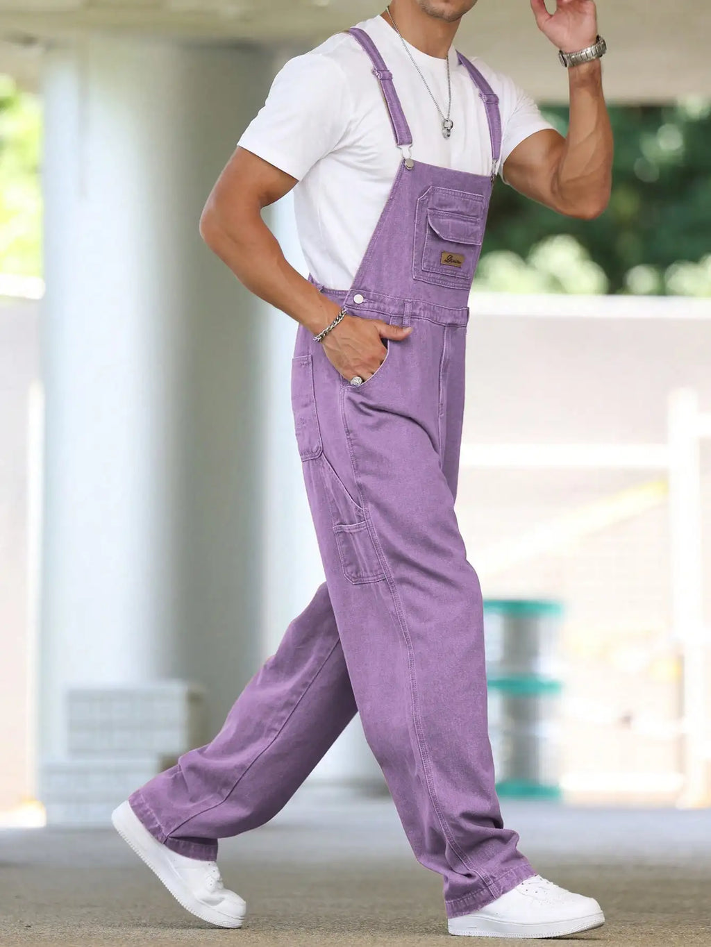 Men's Four - Season Purple Loose Denim Overalls, Daily Casual Street Trend Suspender Pants
