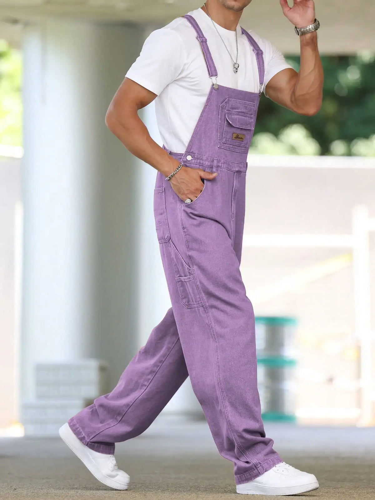 Men's Four - Season Purple Loose Denim Overalls, Daily Casual Street Trend Suspender Pants