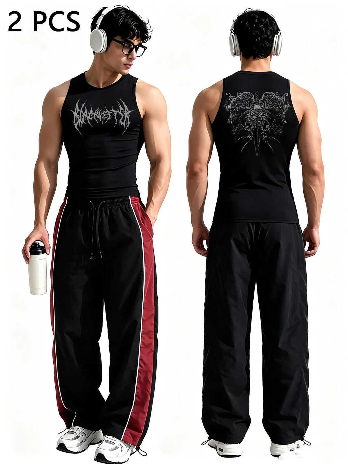 Ensemble 2 Pièces Homme Style Gothique – Tank Top Graphique & Pantalon Rayé Streetwear
