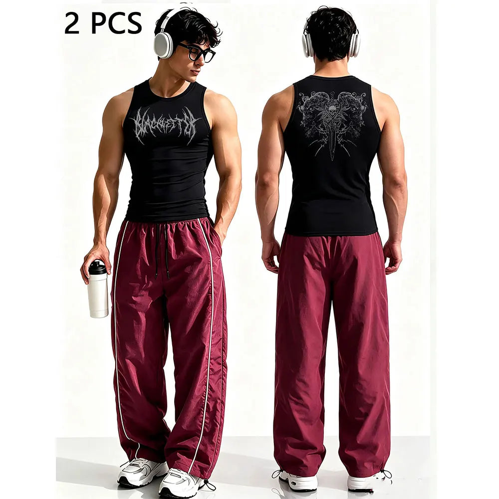Ensemble 2 Pièces Homme Style Gothique – Tank Top Graphique & Pantalon Rayé Streetwear