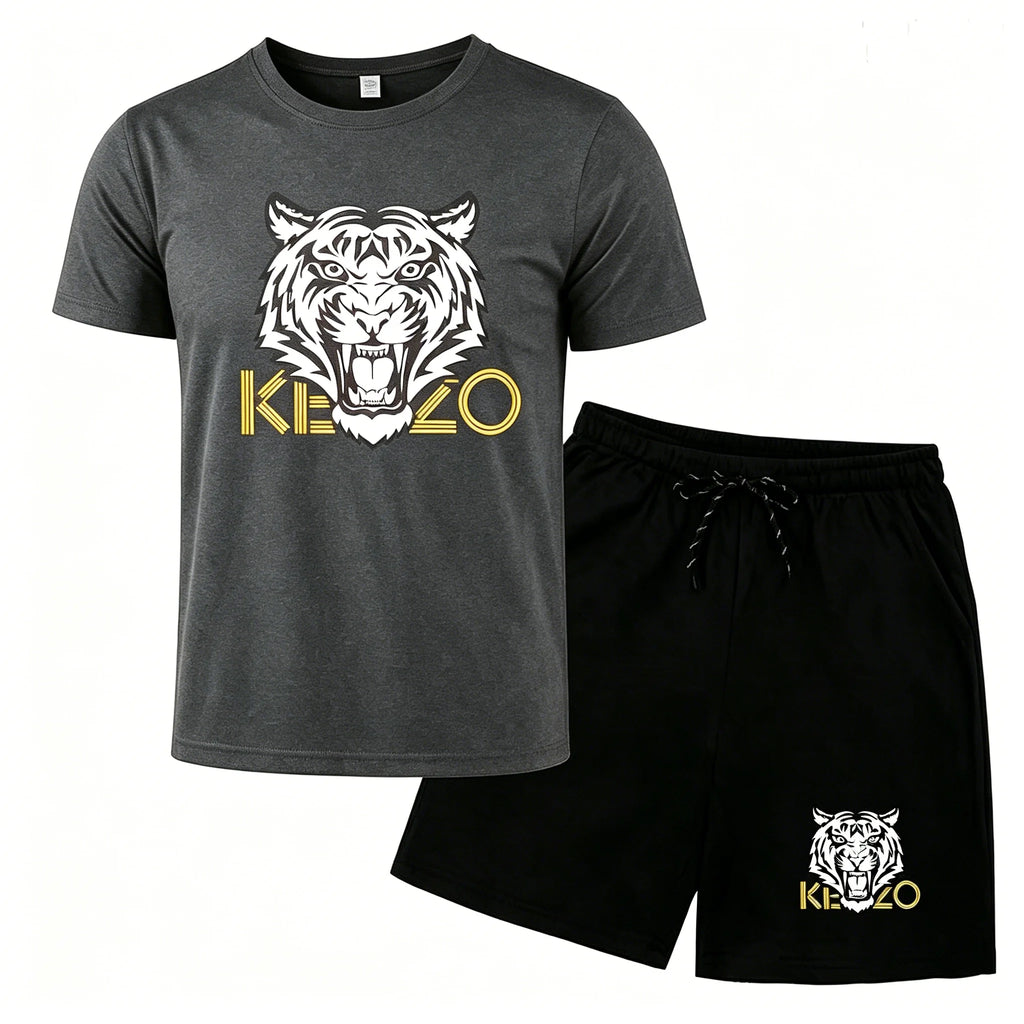 Men Mesh Breathable Tiger Print T Shirt And Shorts Set Quick Dry Sportswear Two Piece Tracksuit For Summer