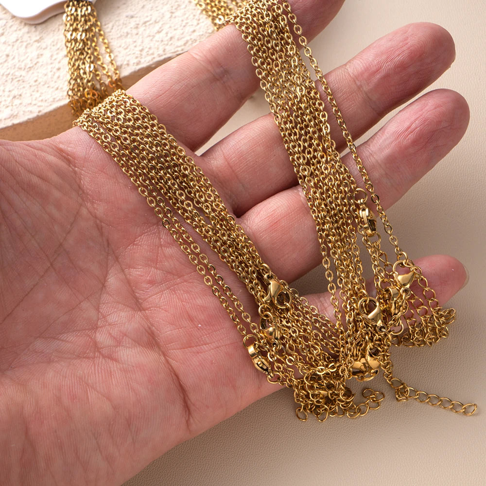 Lot de 10 Chaînes Maille Cable Acier Inoxydable – 45+5cm, Or & Argent – Collier DIY Femme & Homme