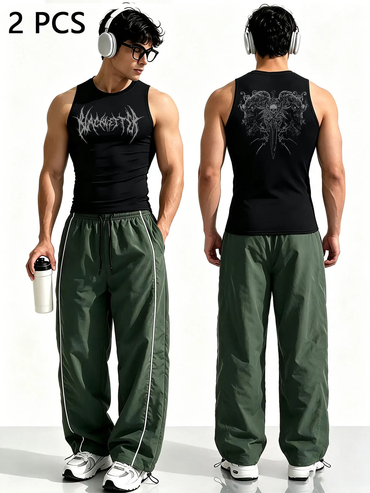 Ensemble 2 Pièces Homme Style Gothique – Tank Top Graphique & Pantalon Rayé Streetwear