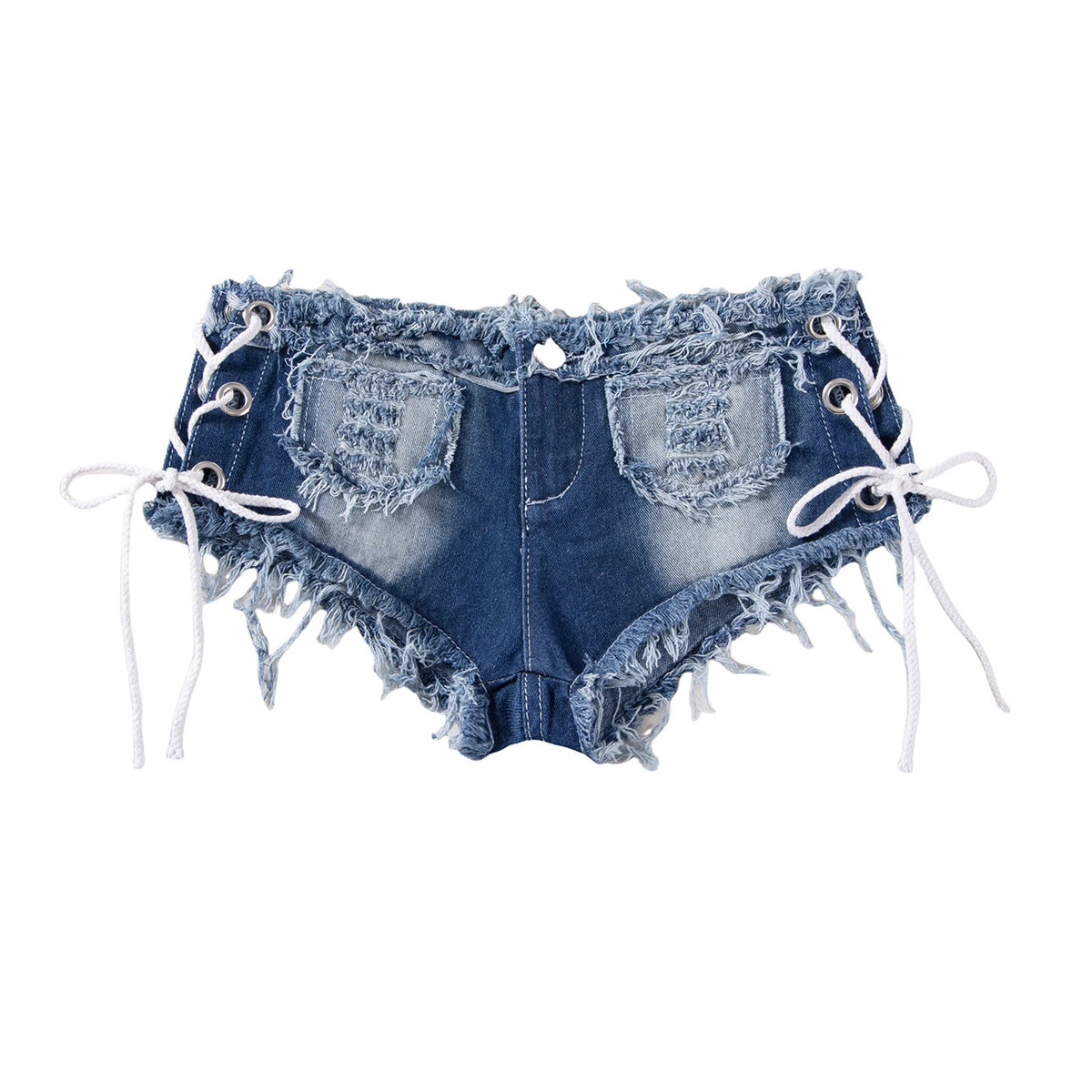 Men's Low Rise Extra Short Hot Pants Raw Edge Ripped Denim Shorts with Sides Lace-up Booty Jeans Shorts for Rave Party Clubwear