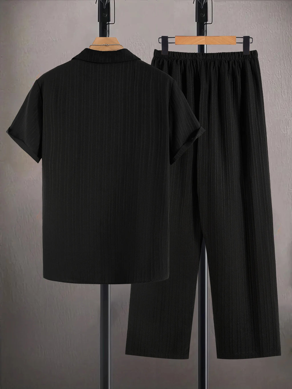 Men's French Stripe Wrinkle-Resistant Ice Silk Set Summer Textured Shirt & Pants Outfit
