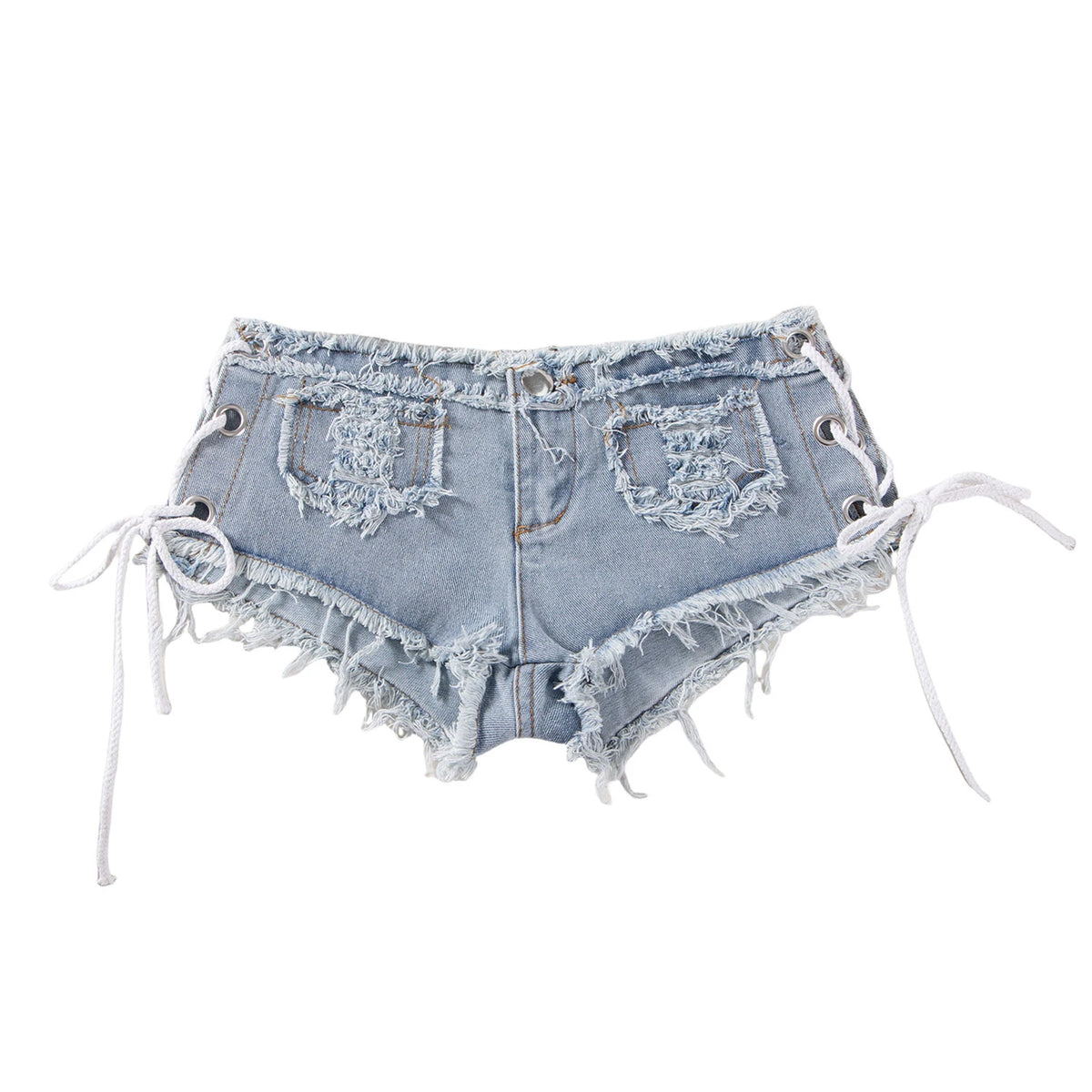 Men's Low Rise Extra Short Hot Pants Raw Edge Ripped Denim Shorts with Sides Lace-up Booty Jeans Shorts for Rave Party Clubwear