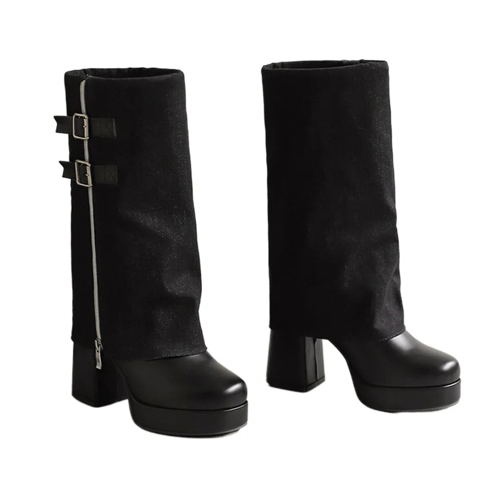 Thick High Heels Mid Calf Boots Waterproof  Fashion Round Toe T Stage Show Walk Party Women Platform Boots Big Size 43 338-43