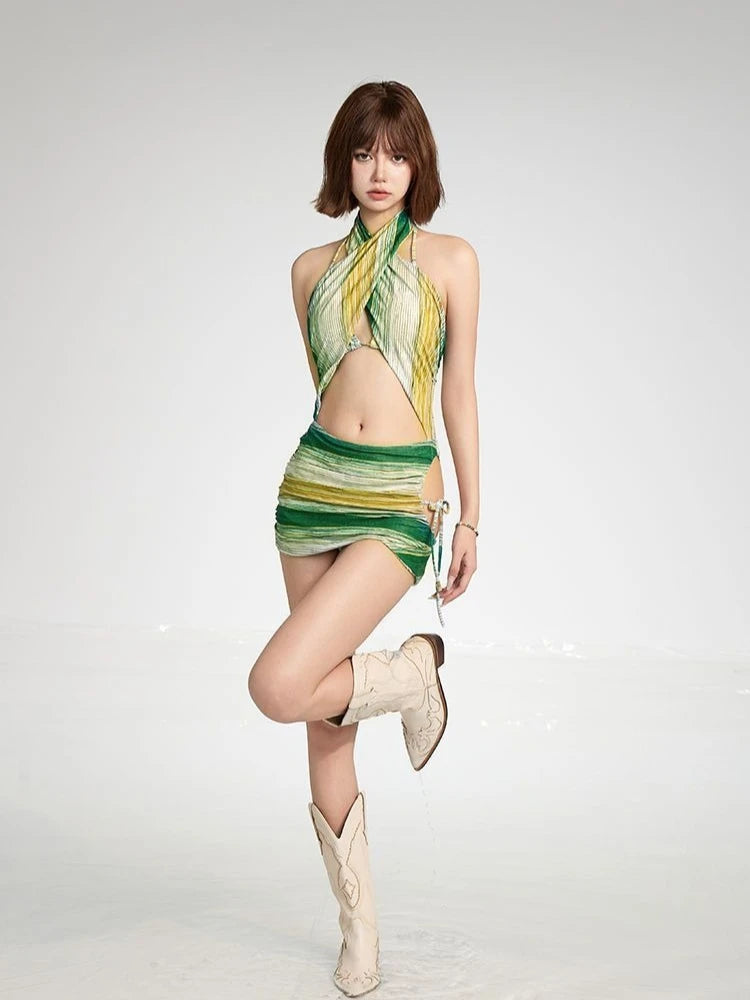 Bikini 2 Pièces Femme – Col Halter Dos Croisé Vert Fruit