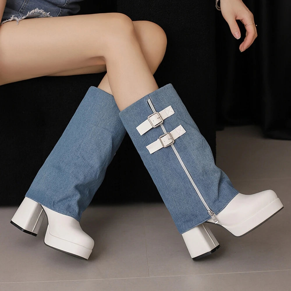 Thick High Heels Mid Calf Boots Waterproof  Fashion Round Toe T Stage Show Walk Party Women Platform Boots Big Size 43 338-43