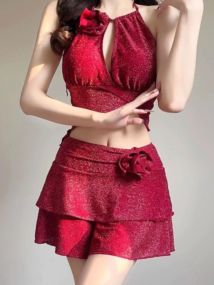 Bikini 2 Pièces Femme – Style Coréen Rouge Sensuel & Chic