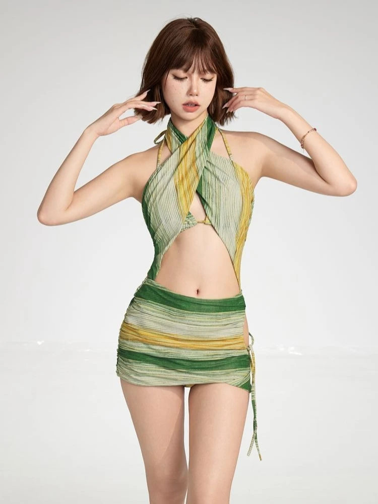 Bikini 2 Pièces Femme – Col Halter Dos Croisé Vert Fruit