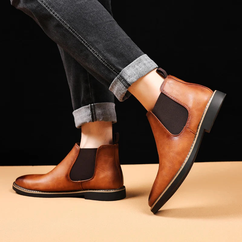 Chelsea Boots Homme – Cuir PU Imperméable, Style Rétro Confortable