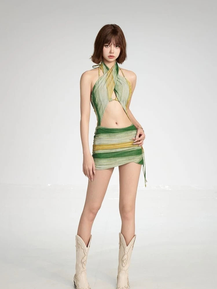 Bikini 2 Pièces Femme – Col Halter Dos Croisé Vert Fruit