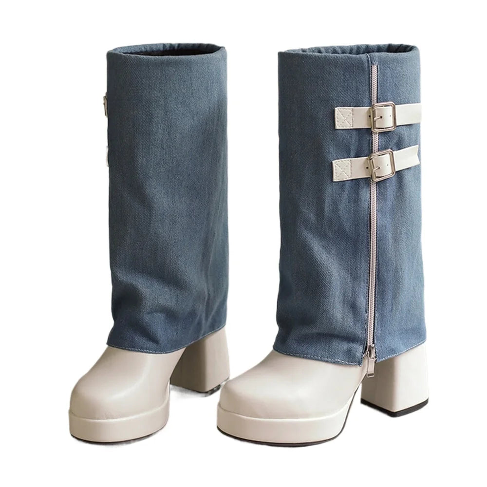 Thick High Heels Mid Calf Boots Waterproof  Fashion Round Toe T Stage Show Walk Party Women Platform Boots Big Size 43 338-43
