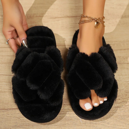 Chaussons Peluche Femme – Bride Croisée Bout Ouvert Hiver