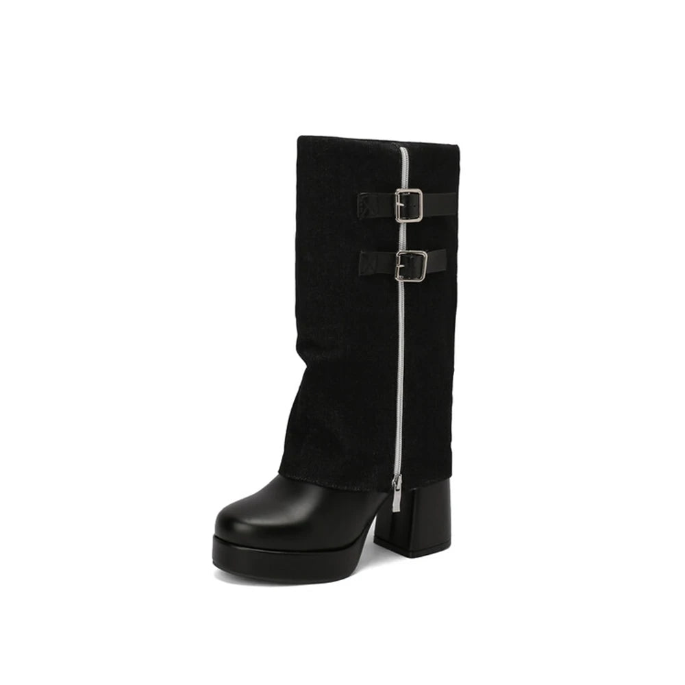 Thick High Heels Mid Calf Boots Waterproof  Fashion Round Toe T Stage Show Walk Party Women Platform Boots Big Size 43 338-43