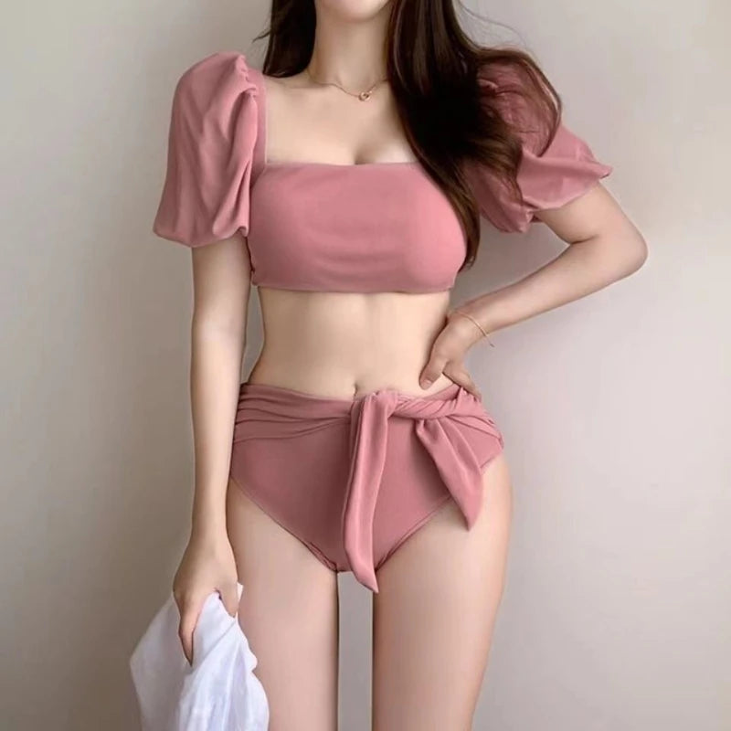 Bikini 2 Pièces Femme Rose – Manches Bulles Taille Haute Nœud