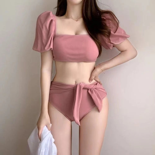 Bikini 2 Pièces Femme Rose – Manches Bulles Taille Haute Nœud