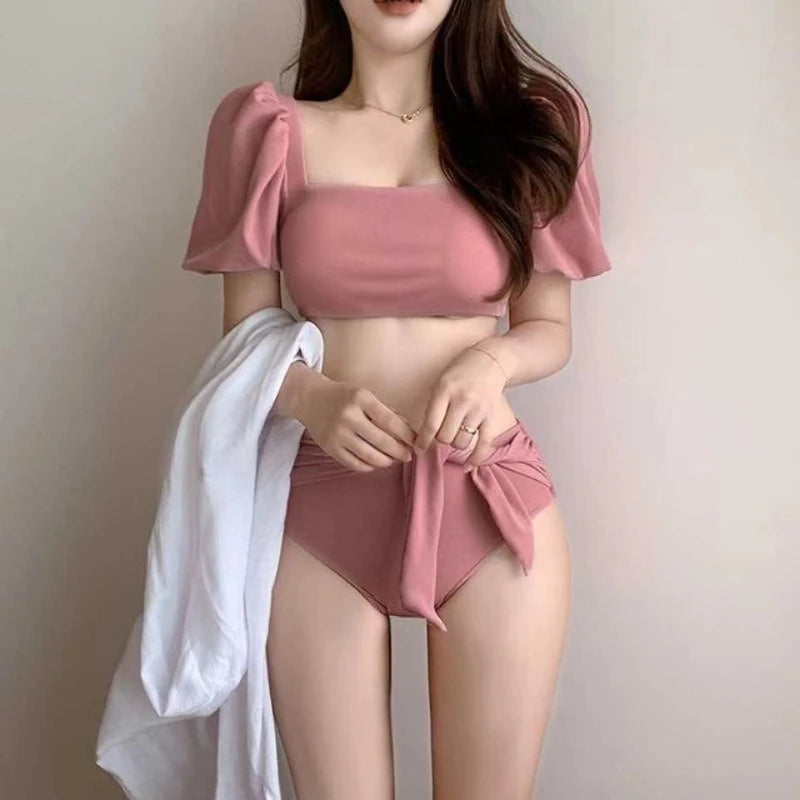 Bikini 2 Pièces Femme Rose – Manches Bulles Taille Haute Nœud