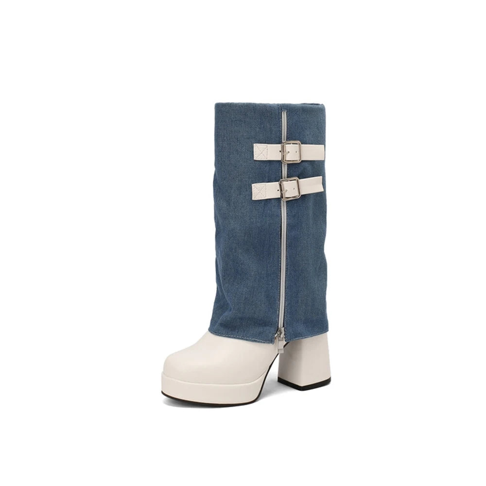 Thick High Heels Mid Calf Boots Waterproof  Fashion Round Toe T Stage Show Walk Party Women Platform Boots Big Size 43 338-43