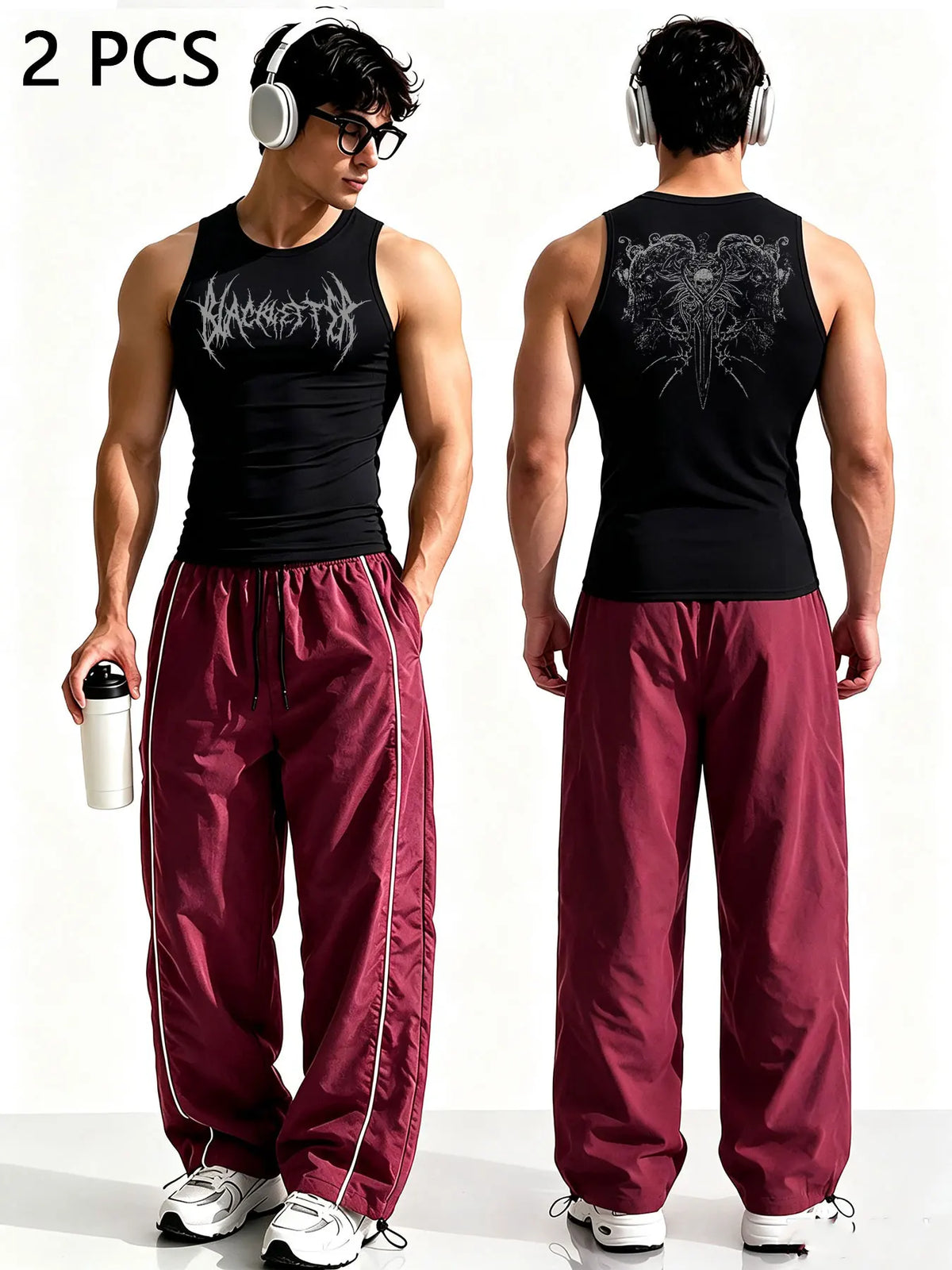 Ensemble 2 Pièces Homme Style Gothique – Tank Top Graphique & Pantalon Rayé Streetwear