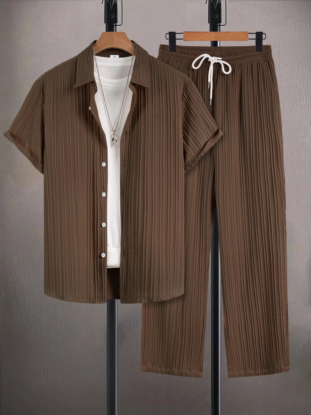 Men's French Stripe Wrinkle-Resistant Ice Silk Set Summer Textured Shirt & Pants Outfit