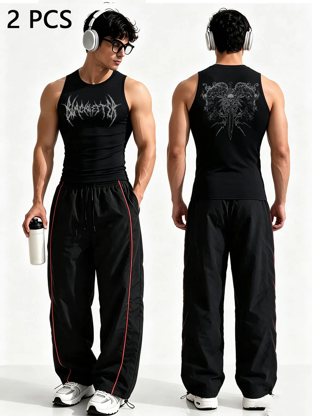 Ensemble 2 Pièces Homme Style Gothique – Tank Top Graphique & Pantalon Rayé Streetwear