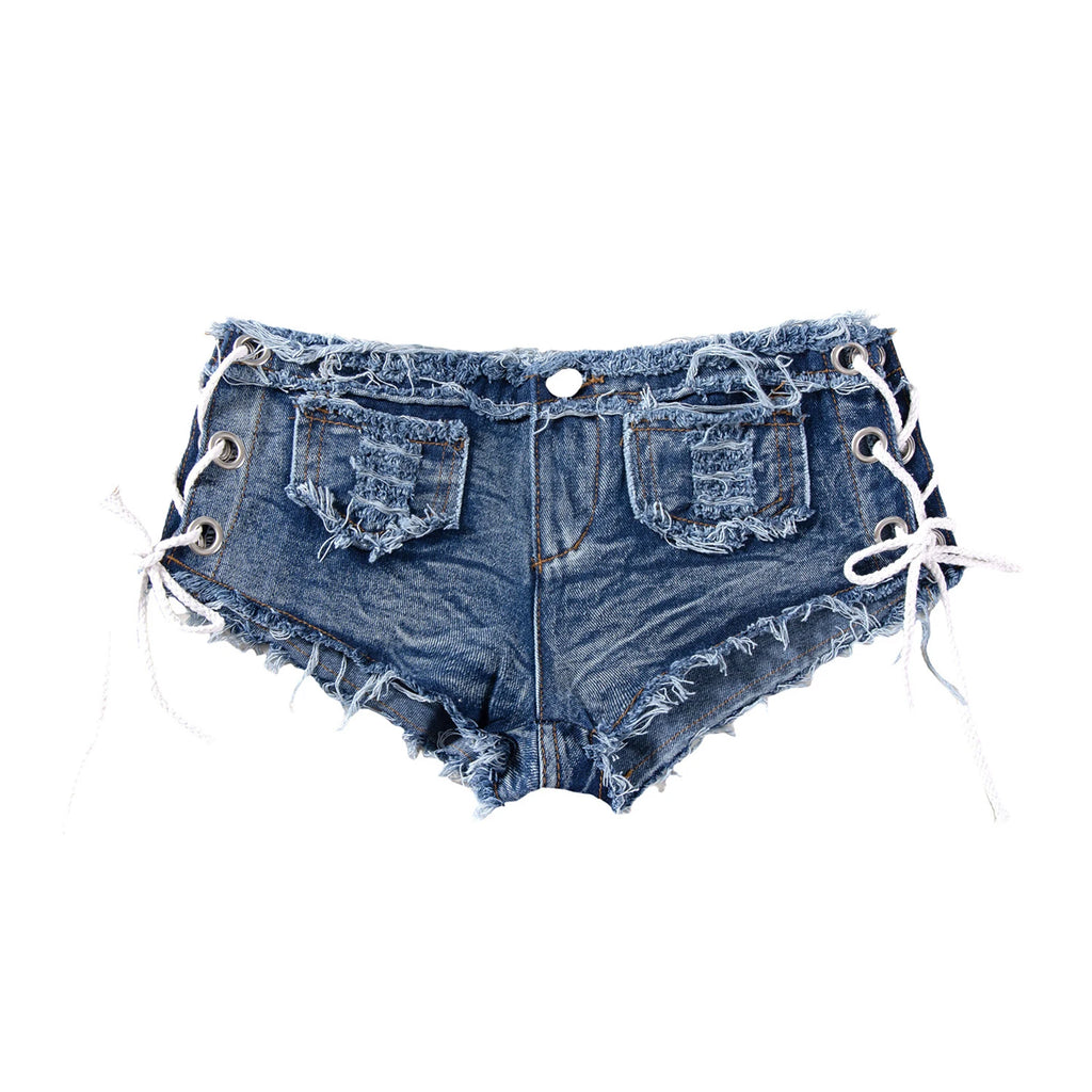 Men's Low Rise Extra Short Hot Pants Raw Edge Ripped Denim Shorts with Sides Lace-up Booty Jeans Shorts for Rave Party Clubwear