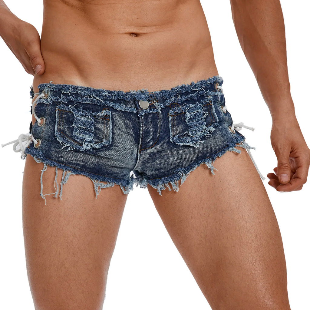 Men's Low Rise Extra Short Hot Pants Raw Edge Ripped Denim Shorts with Sides Lace-up Booty Jeans Shorts for Rave Party Clubwear