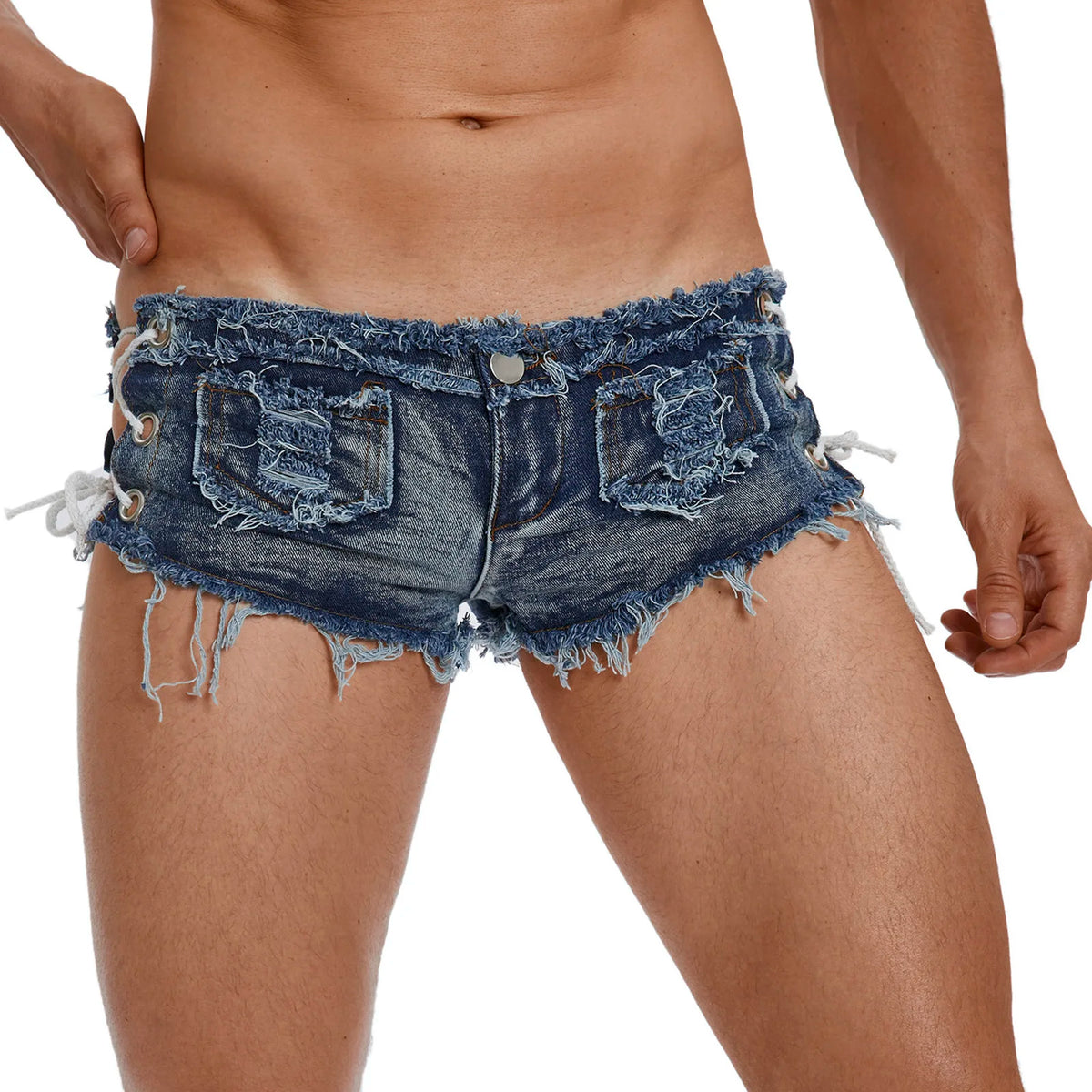 Men's Low Rise Extra Short Hot Pants Raw Edge Ripped Denim Shorts with Sides Lace-up Booty Jeans Shorts for Rave Party Clubwear