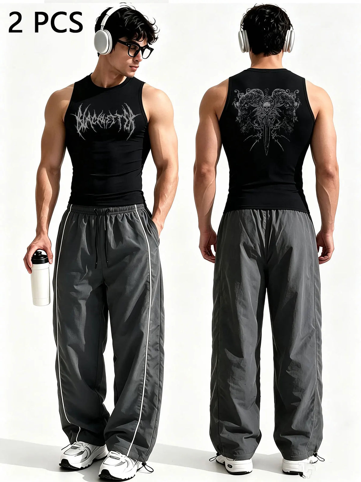 Ensemble 2 Pièces Homme Style Gothique – Tank Top Graphique & Pantalon Rayé Streetwear