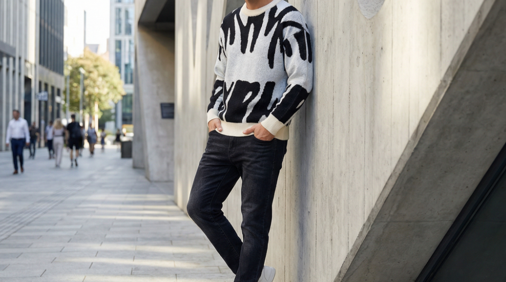 New Popular Autumn Winter Irregular Jacquard Pattern Pullover Sweater Casual Round Neck Contrast Color Knitted Men's Pullover
