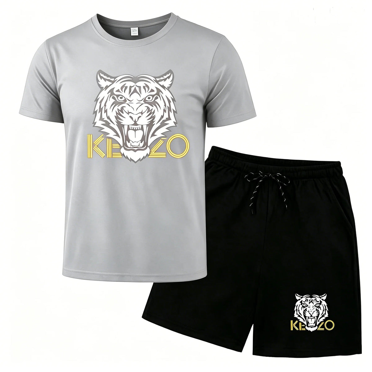 Men Mesh Breathable Tiger Print T Shirt And Shorts Set Quick Dry Sportswear Two Piece Tracksuit For Summer
