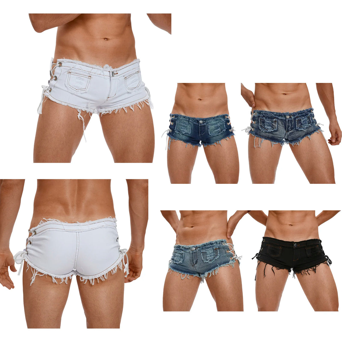 Men's Low Rise Extra Short Hot Pants Raw Edge Ripped Denim Shorts with Sides Lace-up Booty Jeans Shorts for Rave Party Clubwear