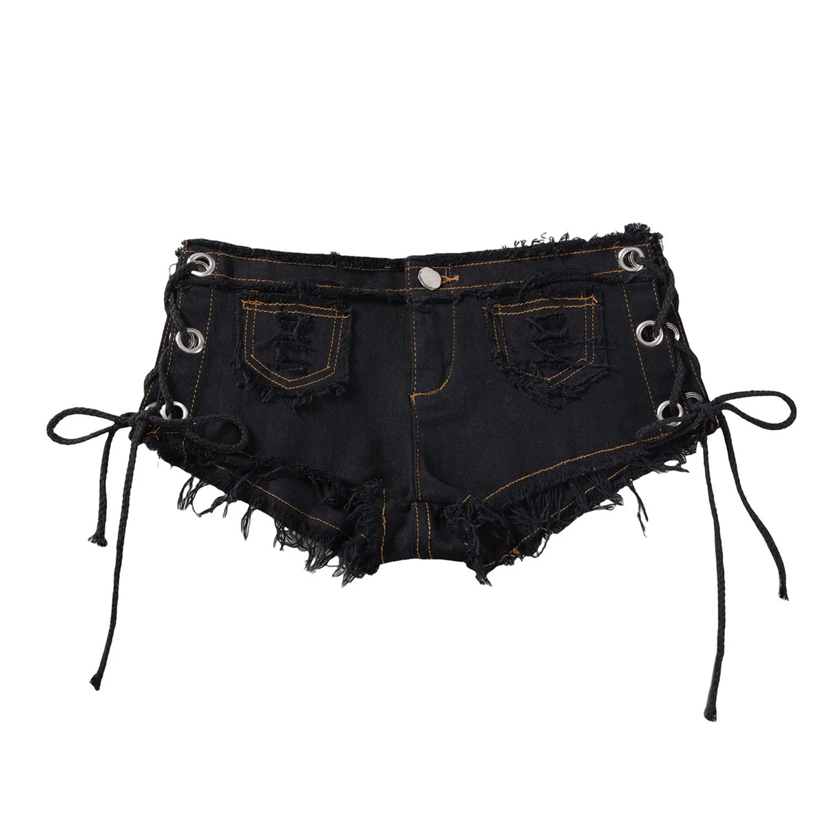 Men's Low Rise Extra Short Hot Pants Raw Edge Ripped Denim Shorts with Sides Lace-up Booty Jeans Shorts for Rave Party Clubwear