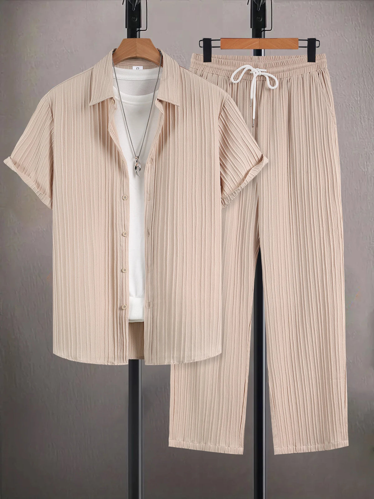 Men's French Stripe Wrinkle-Resistant Ice Silk Set Summer Textured Shirt & Pants Outfit