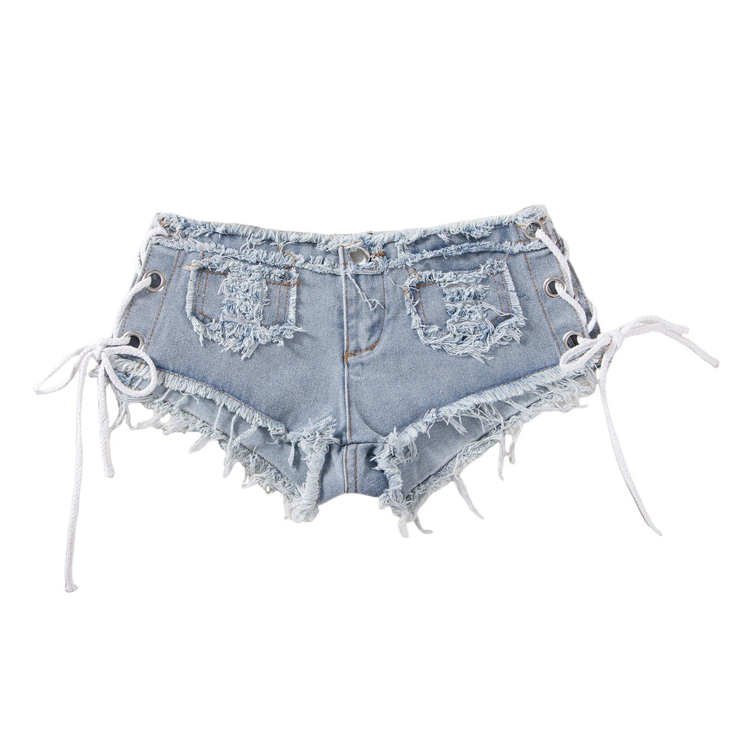 Men's Low Rise Extra Short Hot Pants Raw Edge Ripped Denim Shorts with Sides Lace-up Booty Jeans Shorts for Rave Party Clubwear