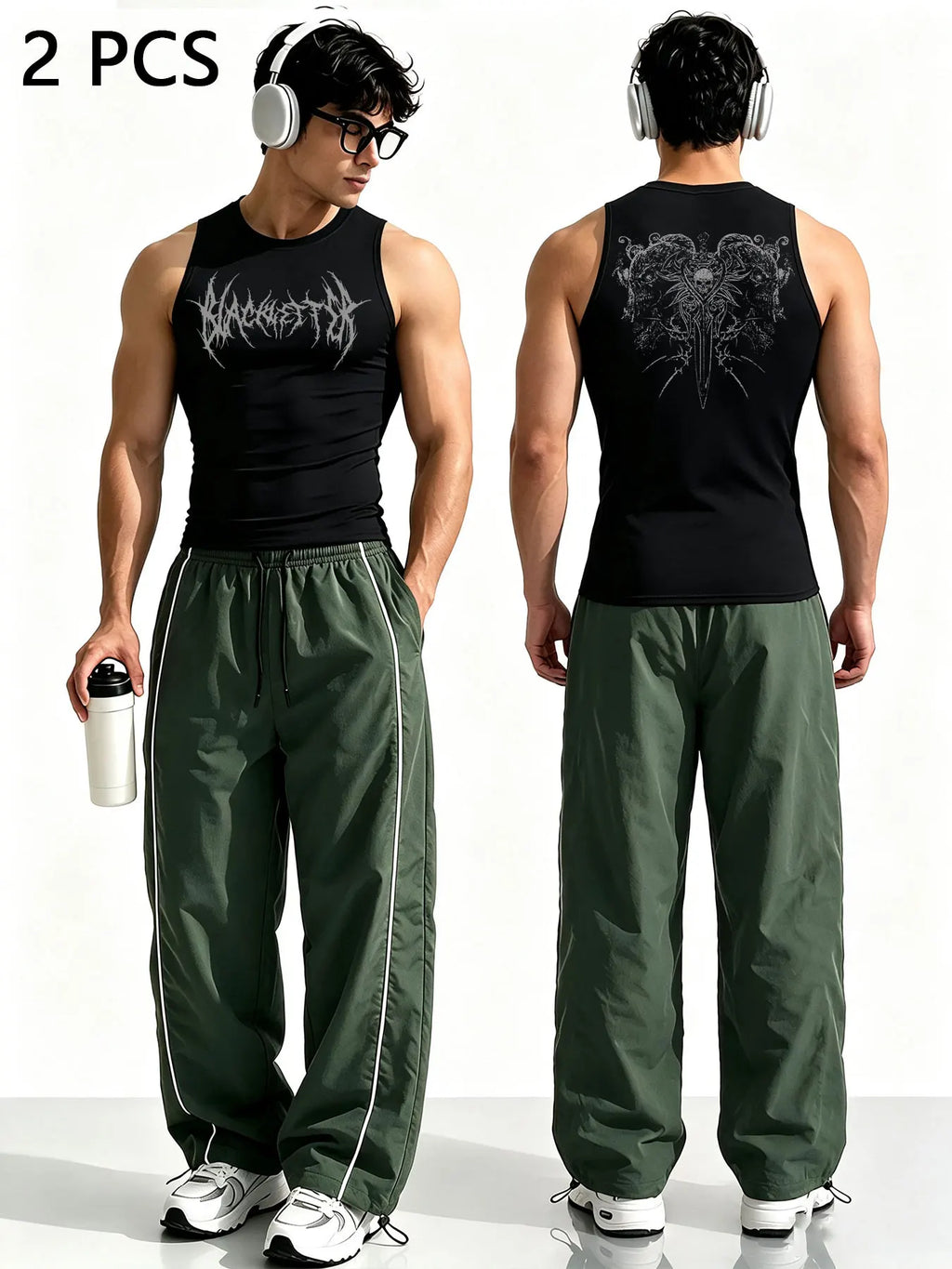 Ensemble 2 Pièces Homme Style Gothique – Tank Top Graphique & Pantalon Rayé Streetwear